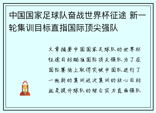 中国国家足球队奋战世界杯征途 新一轮集训目标直指国际顶尖强队