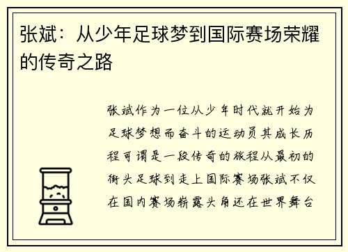 张斌：从少年足球梦到国际赛场荣耀的传奇之路